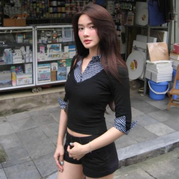 Áo Kiểu Phối Cổ Sơ Mi Caro Tay Lửng màu đen - Cô Ba Shop