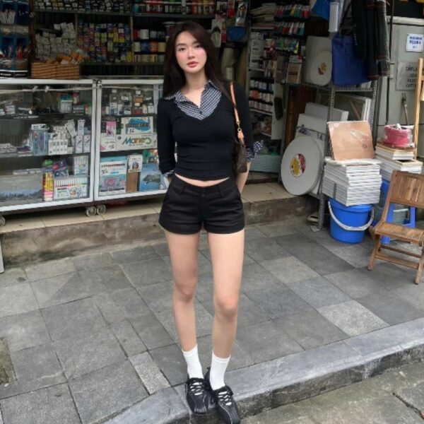 Áo Kiểu Phối Cổ Sơ Mi Caro Tay Lửng màu đen dáng xinh - Cô Ba Shop