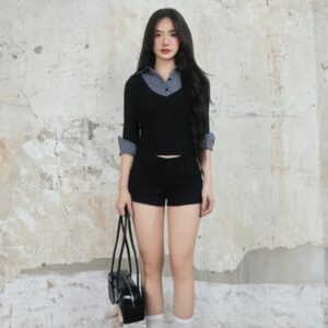 Áo Kiểu Phối Cổ Sơ Mi Caro Tay Lửng màu đen dáng xinh tại Cô Ba Shop