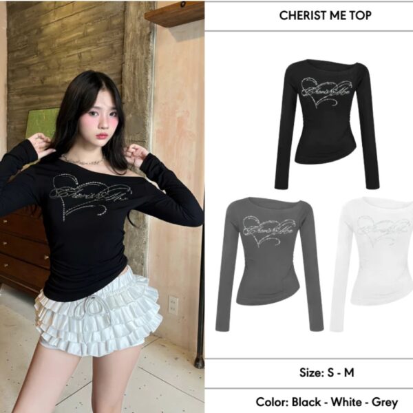 Áo Thun Trễ Vai Tay Dài Cherist Me Đính Đá Họa Tiết Tỉ Mỉ tại Cô Ba Shop dáng xinh có 3 màu đẹp
