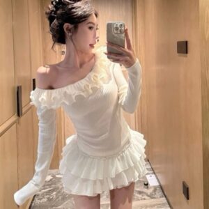 Set Áo Trễ Vai Viền Bèo Tay Dài Phối Chân Váy Xoè Tầng - Set Đồ Nữ Tiểu Thư Sang Chảnh Đi Chơi Tết