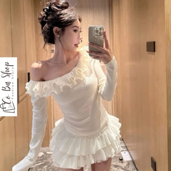 Set Áo Trễ Vai Viền Bèo Tay Dài Phối Chân Váy Xoè Tầng tại Cô Ba Shop đẹp hết nước chấm