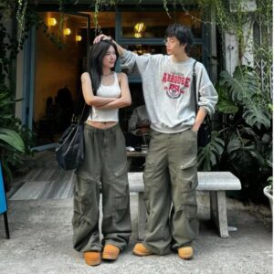 Quần Kaki Túi Hộp Harem Nam Nữ Ống Rộng TheCotton Quần Cargo Chun Sau Vải Mịn Unisex Màu Rêu