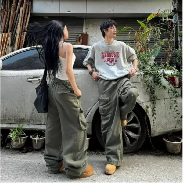 Quần Kaki Túi Hộp Harem Nam Nữ Ống Rộng TheCotton Quần Cargo Chun Sau Vải Mịn Unisex Màu Rêu