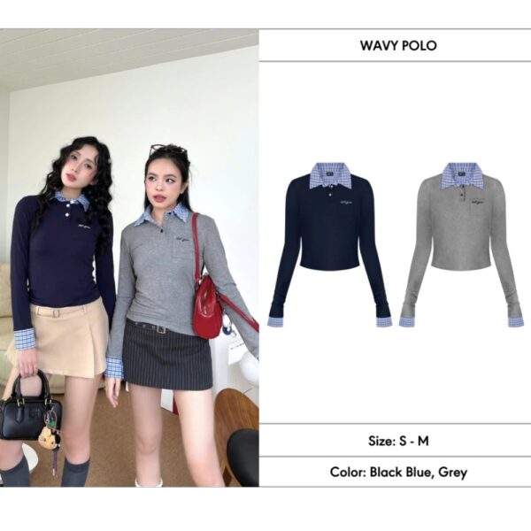Áo thun polo phối sơ mi sọc caro tay dài thu đông WAVY thêu chữ - CoBaShop - Ảnh 3