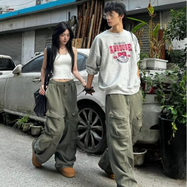 Quần Kaki Túi Hộp Harem Nam Nữ Ống Rộng TheCotton Quần Cargo Chun Sau Vải Mịn Unisex Màu Rêu