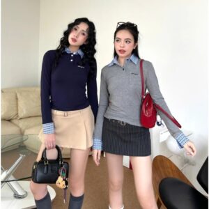 Áo thun polo phối sơ mi sọc caro tay dài thu đông WAVY thêu chữ - CoBaShop
