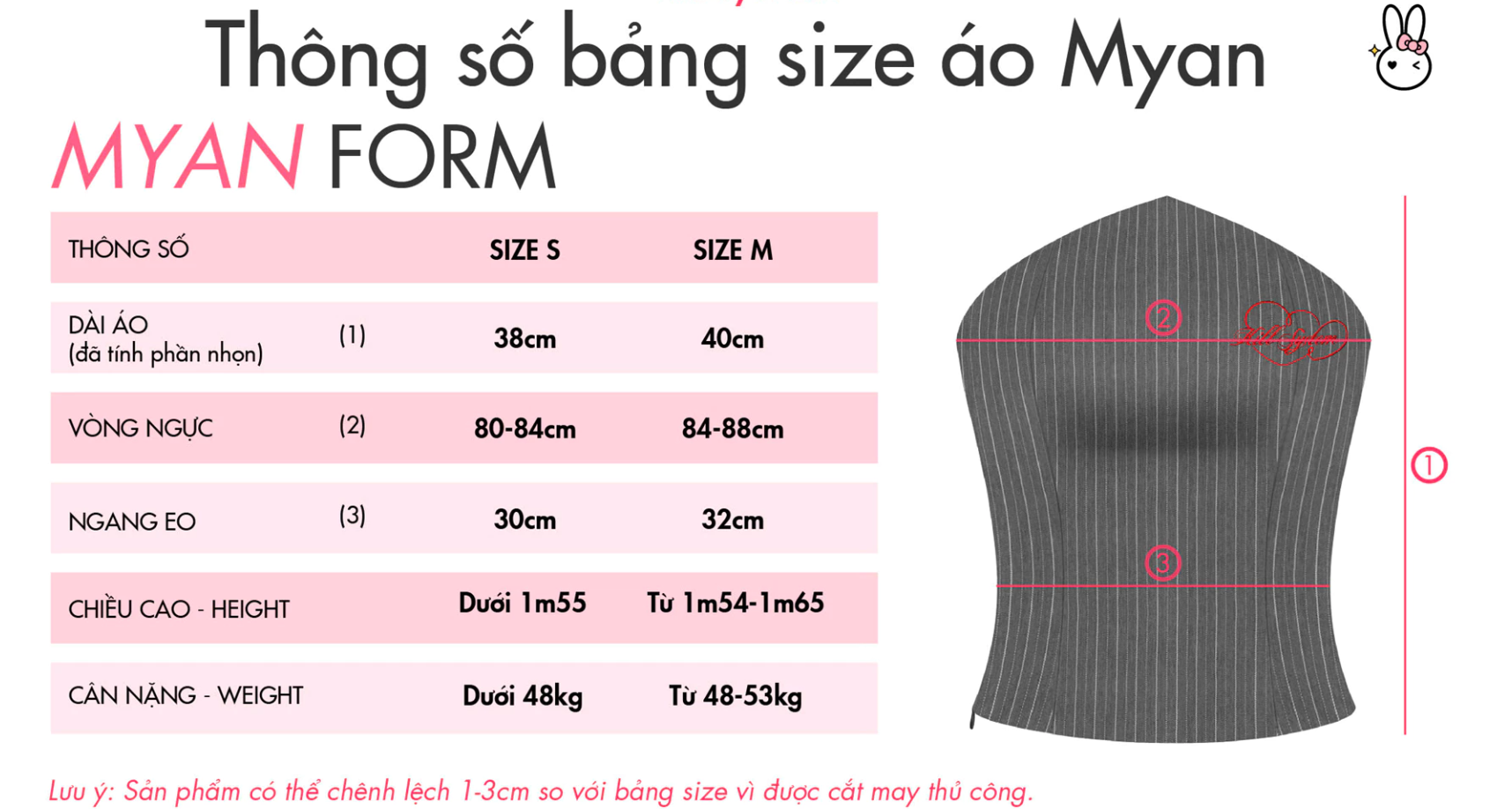 Bảng size Set Áo cúp ngực tặng kèm cà vạt Myan + Chân váy ngắn xếp ly Misochu