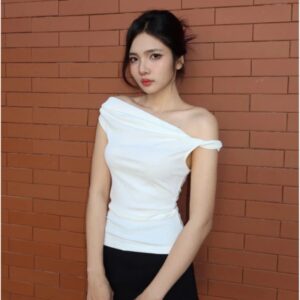 Áo croptop nữ tay ngắn kiểu lệch vai gấp nhún thun tăm mịn co dãn - CoBaShop