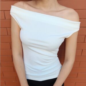 Áo croptop nữ tay ngắn kiểu lệch vai gấp nhún thun tăm mịn co dãn - CoBaShop