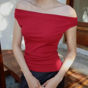 Áo croptop nữ tay ngắn kiểu lệch vai gấp nhún thun tăm mịn co dãn - CoBaShop