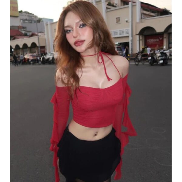 Áo croptop tay dài lưới dún ngực và eo - The Reborn Collection - CoBaShop