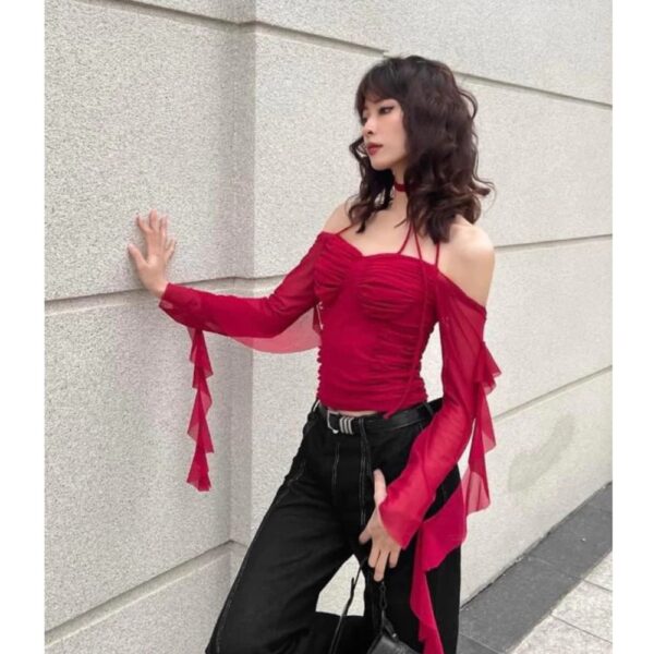 Áo croptop tay dài lưới dún ngực và eo - The Reborn Collection - CoBaShop
