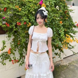 Áo Nhún Julie Thắt Nơ Phối Ren - CoBaShop