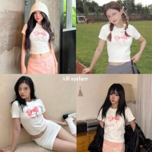 Áo thun nơ babytee chất thun co giãn màu trắng, đen - CoBaShop