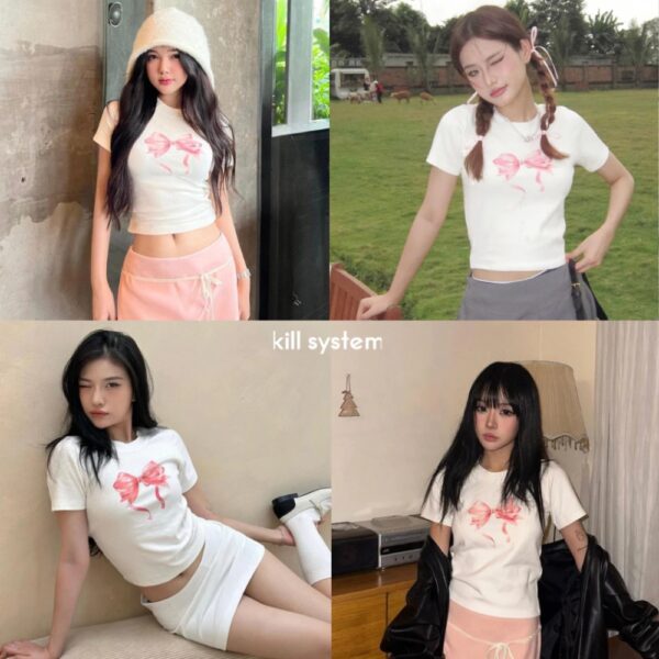 Áo thun nơ babytee chất thun co giãn màu trắng, đen - CoBaShop