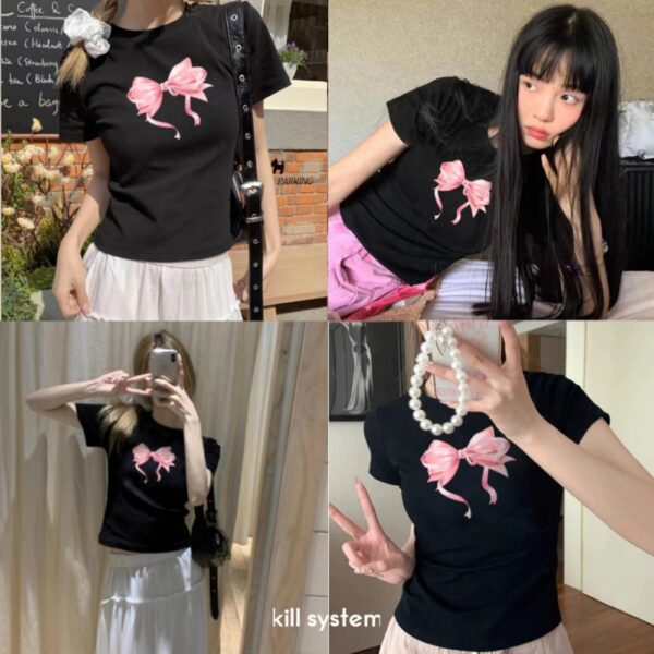 Áo thun nơ babytee chất thun co giãn màu trắng, đen - CoBaShop