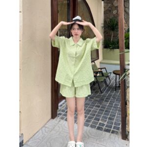 Bộ Đồ Ngủ Caro (Tặng Kèm Charm) nhiều màu mặc nhà mùa hè, chất liệu cotton xốp (có size đến 80kg) - CoBaShop