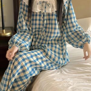 Đồ Bộ Ngủ Kẻ Caro Bộ Pijama Nơ Xinh Xắn Áo Tay Dài Quần Dài - CoBaShop