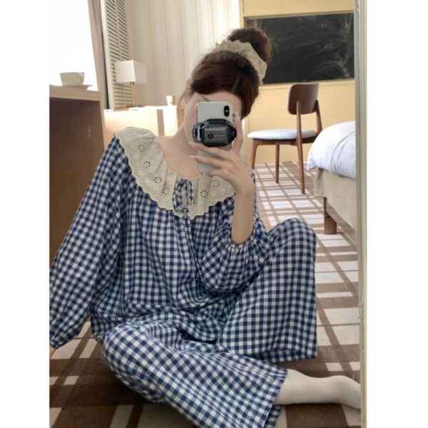 Đồ Bộ Ngủ Kẻ Caro Bộ Pijama Nơ Xinh Xắn Áo Tay Dài Quần Dài - CoBaShop
