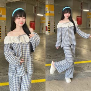 Đồ Bộ Ngủ Kẻ Caro Bộ Pijama Nơ Xinh Xắn Áo Tay Dài Quần Dài - CoBaShop