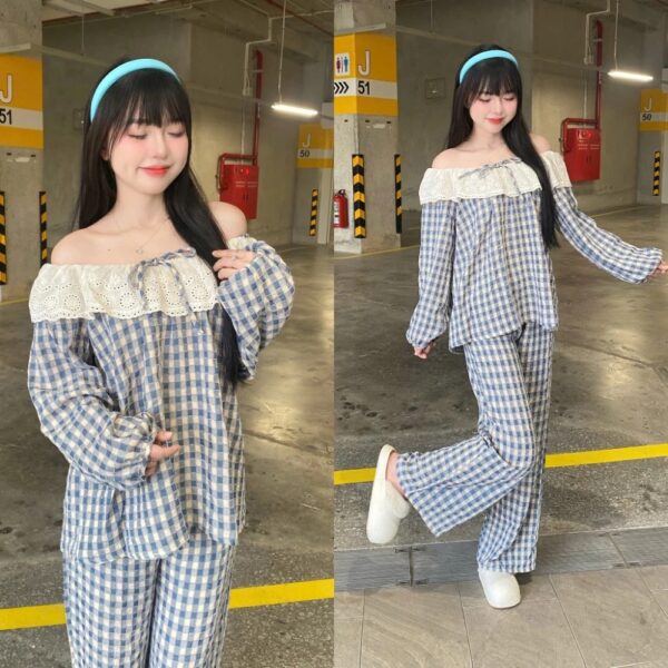 Đồ Bộ Ngủ Kẻ Caro Bộ Pijama Nơ Xinh Xắn Áo Tay Dài Quần Dài - CoBaShop