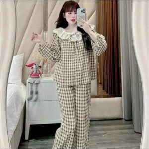 Đồ Bộ Ngủ Kẻ Caro Bộ Pijama Nơ Xinh Xắn Áo Tay Dài Quần Dài - CoBaShop