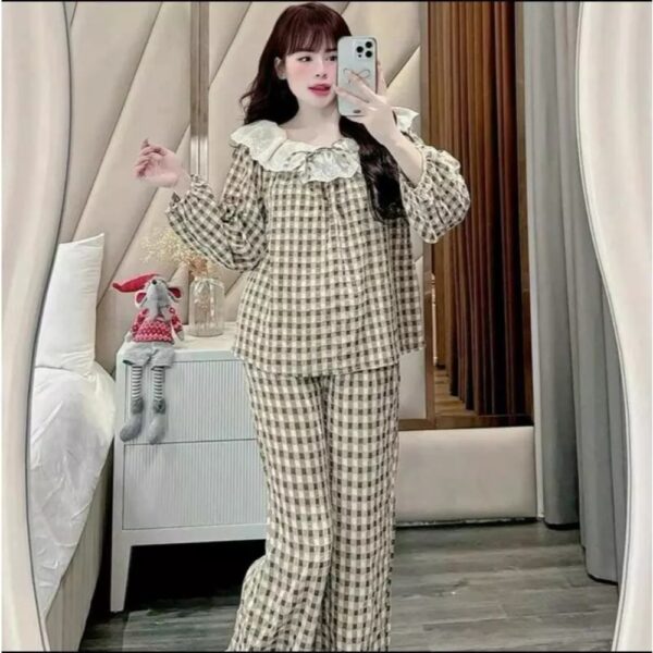 Đồ Bộ Ngủ Kẻ Caro Bộ Pijama Nơ Xinh Xắn Áo Tay Dài Quần Dài - CoBaShop
