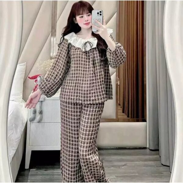 Đồ Bộ Ngủ Kẻ Caro Bộ Pijama Nơ Xinh Xắn Áo Tay Dài Quần Dài - CoBaShop