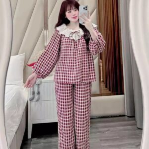 Đồ Bộ Ngủ Kẻ Caro Bộ Pijama Nơ Xinh Xắn Áo Tay Dài Quần Dài - CoBaShop