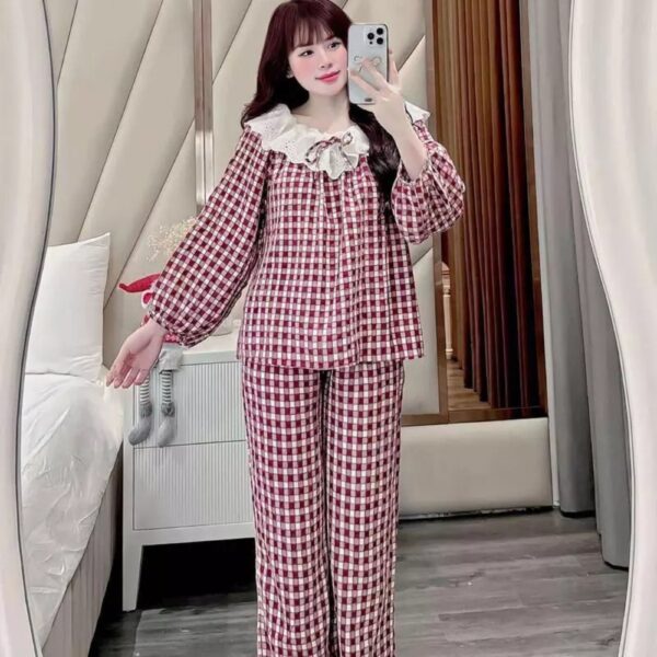 Đồ Bộ Ngủ Kẻ Caro Bộ Pijama Nơ Xinh Xắn Áo Tay Dài Quần Dài - CoBaShop