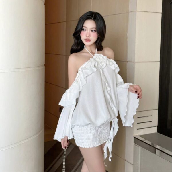 Đầm bí cổ yếm cổ bèo nhún thun GLORIOUS chất liệu đũi vân mây hạn chế nhăn tôn dáng - CoBaShop