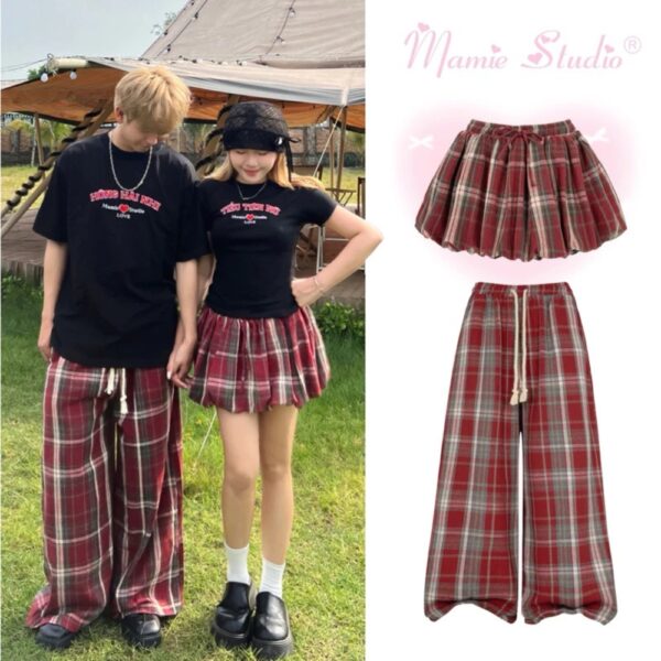 Quần Caro và chân váy bí Mamie chất nỉ dạ form rộng ống suông thời trang nam nữ, đồ đôi couple xinh xắn.