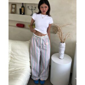 Quần dài nữ ống suông form rộng phối lưng trắng hoạ tiết sọc, có túi - CoBaShop