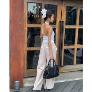 Quần dài nữ ống suông form rộng phối lưng trắng hoạ tiết sọc, có túi - CoBaShop