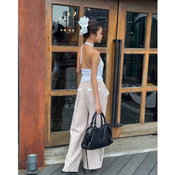 Quần dài nữ ống suông form rộng phối lưng trắng hoạ tiết sọc, có túi - CoBaShop