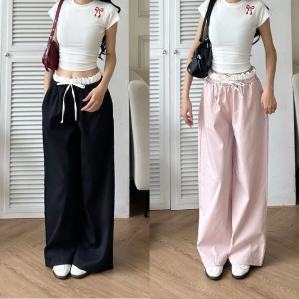 Quần kaki ống rộng form xuông phối cạp trắng nhún eo - CoBaShop