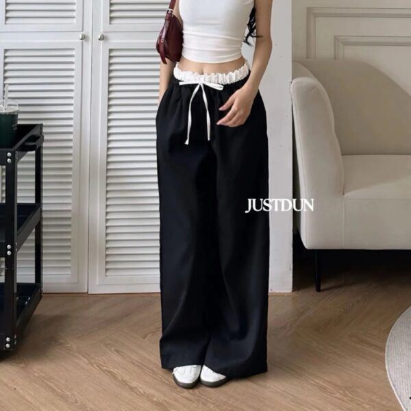 Quần kaki ống rộng form xuông phối cạp trắng nhún eo - CoBaShop