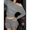CoBaShop-Set Áo Trễ Vai Tay Dài Vải Thun + Chân Váy Cạp Trễ Sexy - KYLIE SET