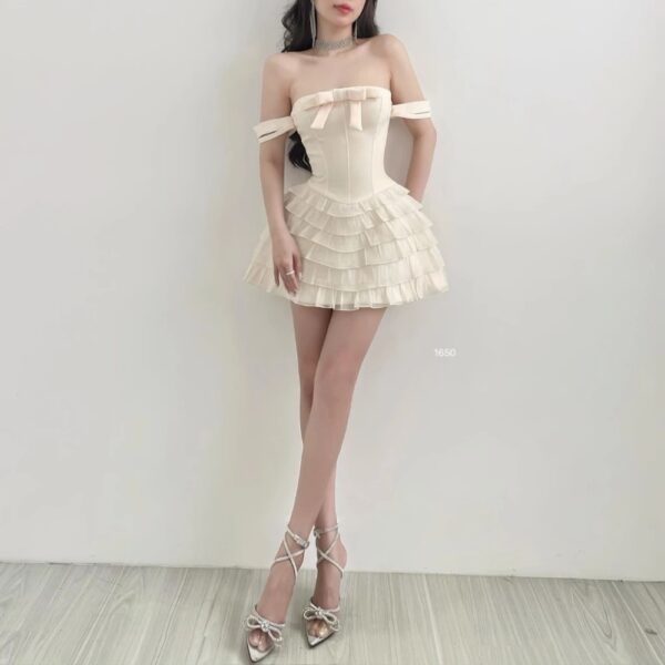 (Có BigSize) Đầm Váy Tafta Trễ Vai Nơ Ngực Phối Bèo Tầng - CoBaShop