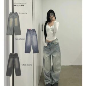 Quần jeans lưng cao ống suông form hàn phủ khói - CoBaShop