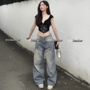 Quần jeans lưng cao ống suông form hàn phủ khói - CoBaShop