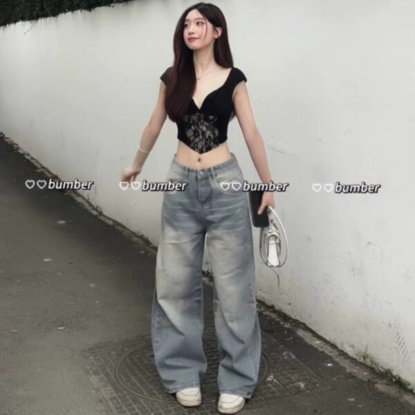 Quần jeans lưng cao ống suông form hàn phủ khói - CoBaShop